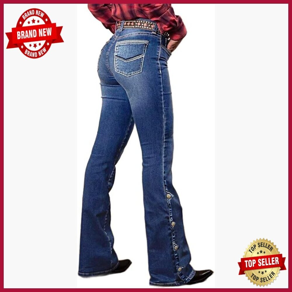Mid Rise Bootcut Jeans with Buttoned Hem, Stretch Fabric, Casual Pants